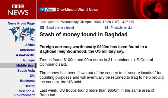 An image of a news website stating that there has been a money stash found from Baghdad.