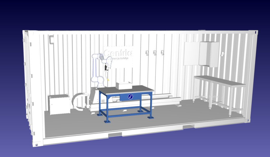 Centrian robottihitsaussolu rakennetaan merikonttiin, jolloin se on helposti siirrettävissä toiseen paikkaan. Kuvassa simulointiohjelmistolla tehty malli.