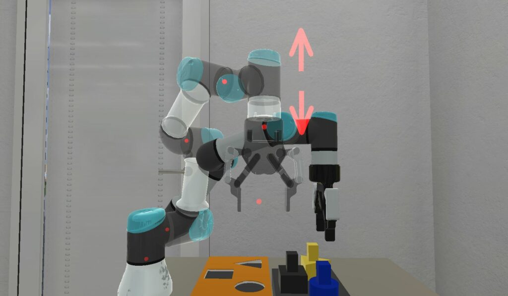 Robotin virtuaalimalli, jossa on tietokoneella käytettäviä ohjauspisteitä.