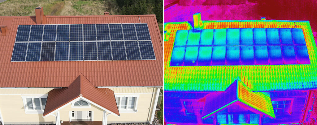 Ilmakuvaa talon katolla olevista aurinkopaneeleista. Vasemmalla valokuva, oikealla lämpökameran kuva.