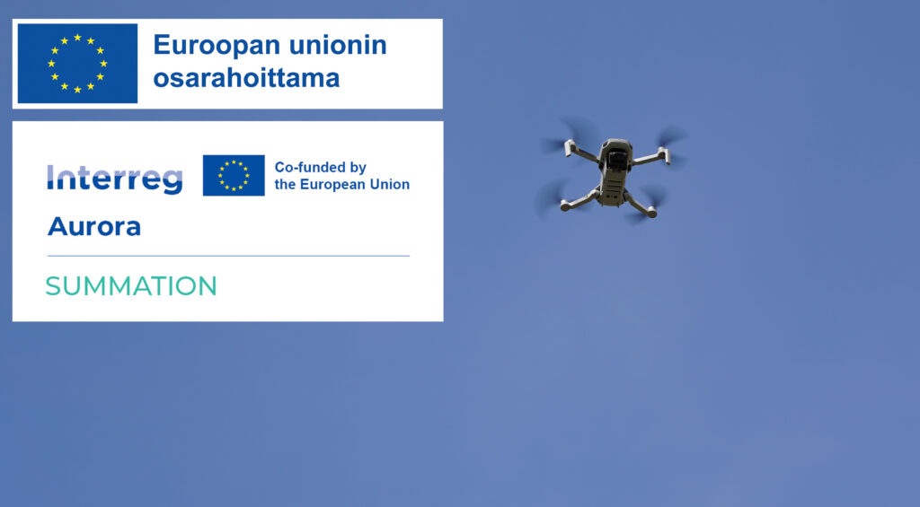 Rahoittajan logot ja lentävä drone.