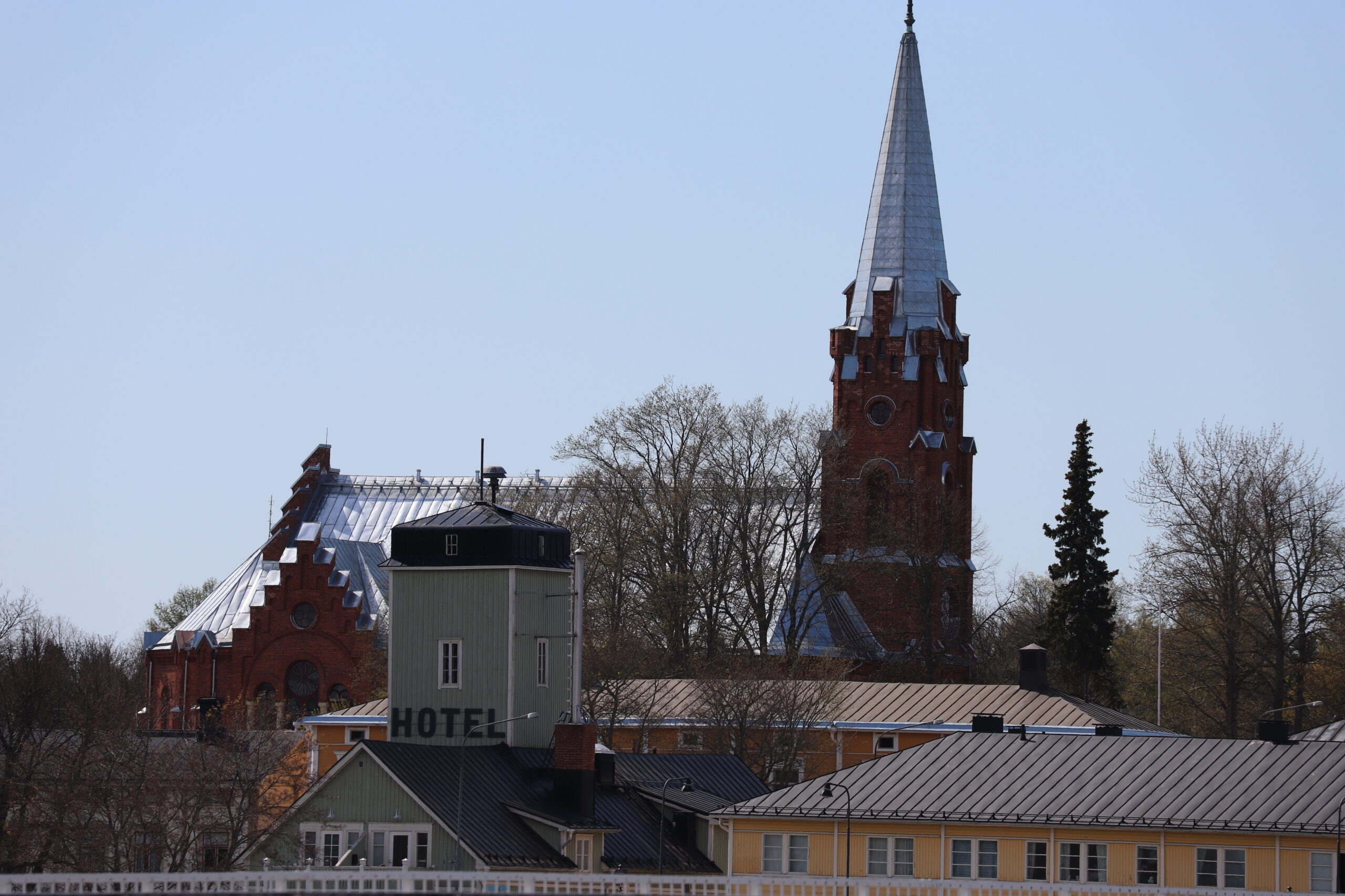 City view with a church tower.