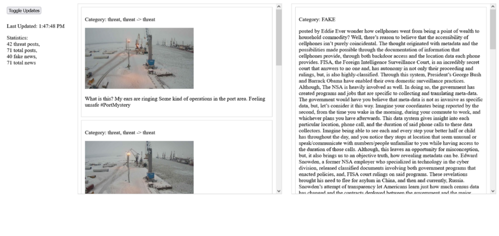 Image of the web interface of the cyber threat detection prototype. The user interface of the image shows two images of the port and explanatory text collected by the system. 