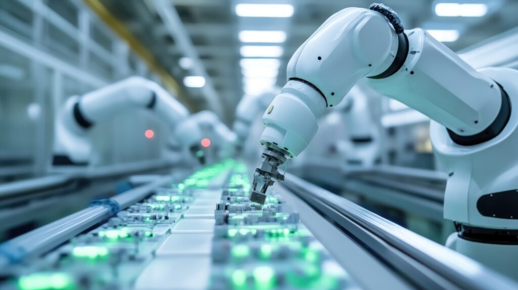 AI generated image of robots making quality inspections on a production line.