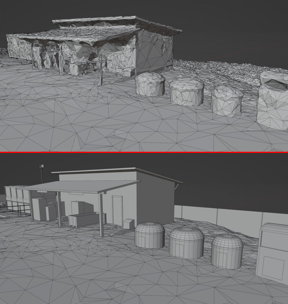 Kuvakollaasi korjatusta ja optimoidusta 3D-mallin rakenteesta. Yläpuolella kuva rakennuksen ja roskasäiliöiden vääristyneestä ja tiheästä rakenteesta, alapuolella samat kohteet korjauksen jälkeen. 
