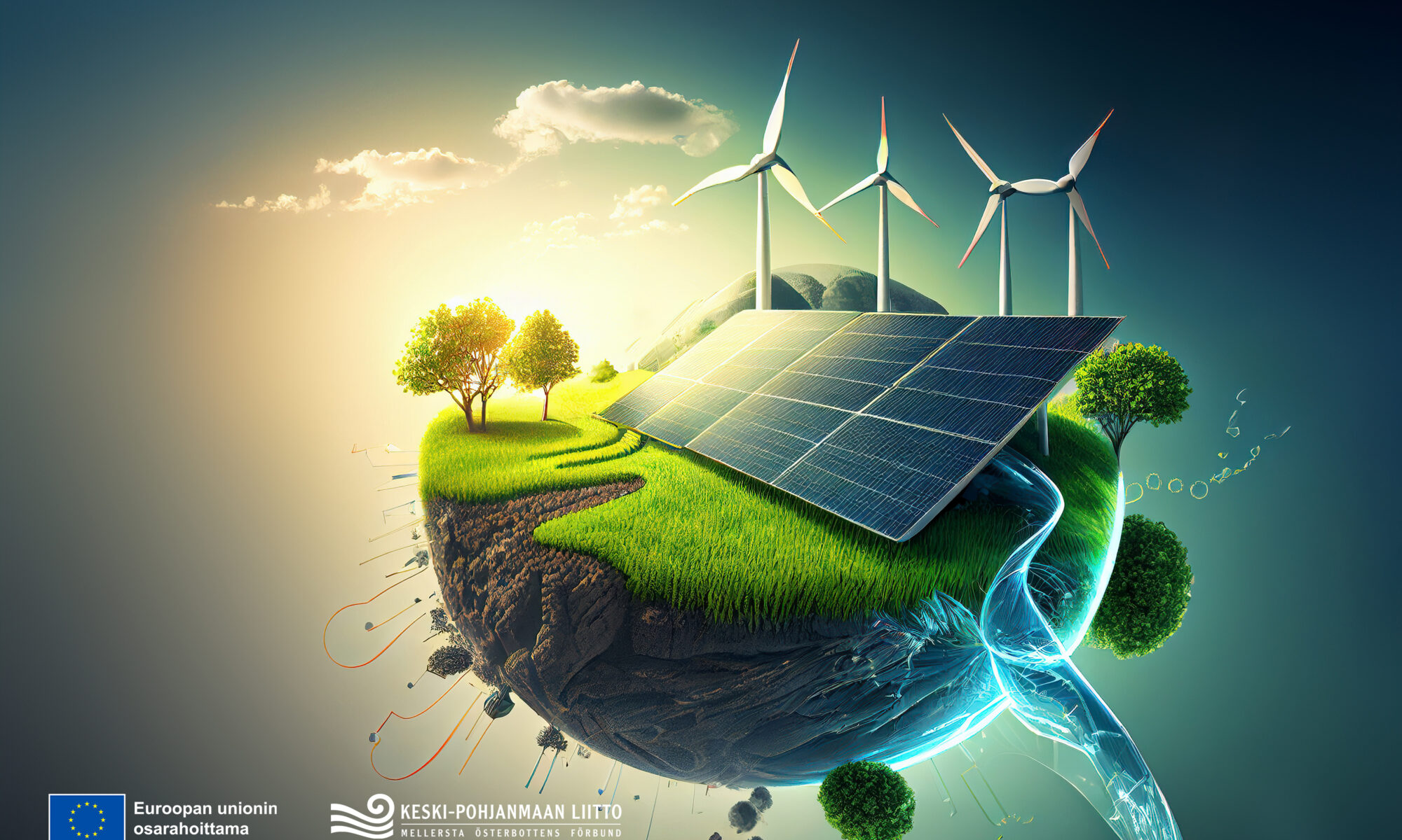renewable energy background with green energy as wind turbines and solar panels