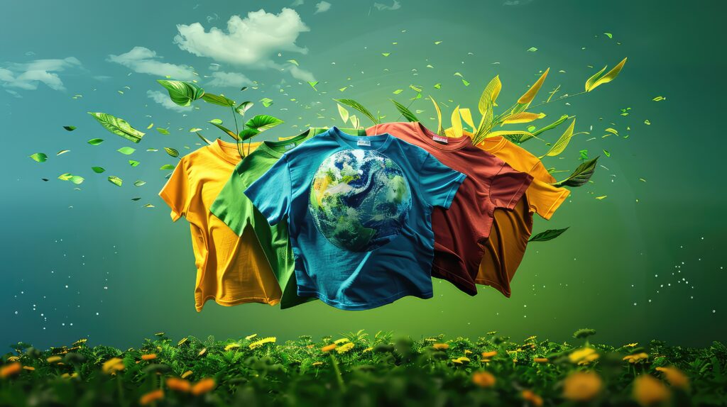 Illustration of Green Globe In Forest With T-Shirts and Moss And Defocused Abstract Sunlight