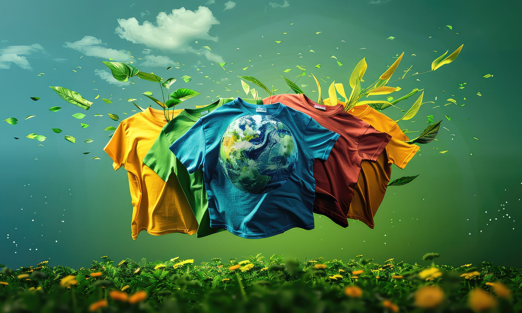 Illustration of Green Globe In Forest With T-Shirts and Moss And Defocused Abstract Sunlight