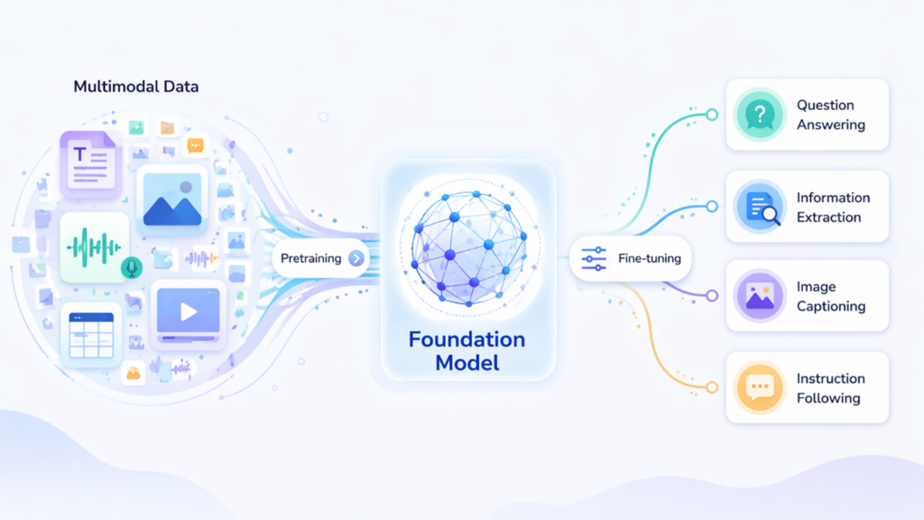 From left to right, the image shows how large amounts of multimodal data, such as text, images, speech, and structured data, are used to pretrain a foundation model. 