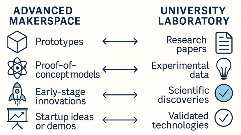 Left side list top to bottom: Advanced makerspase, prototypes, proof-of-concepts models, early-stage innovations, startup ideas or demos. Right side listed top to bottom: university laboratory, research papers, experimental data, scientific discoveries, validated technologies.