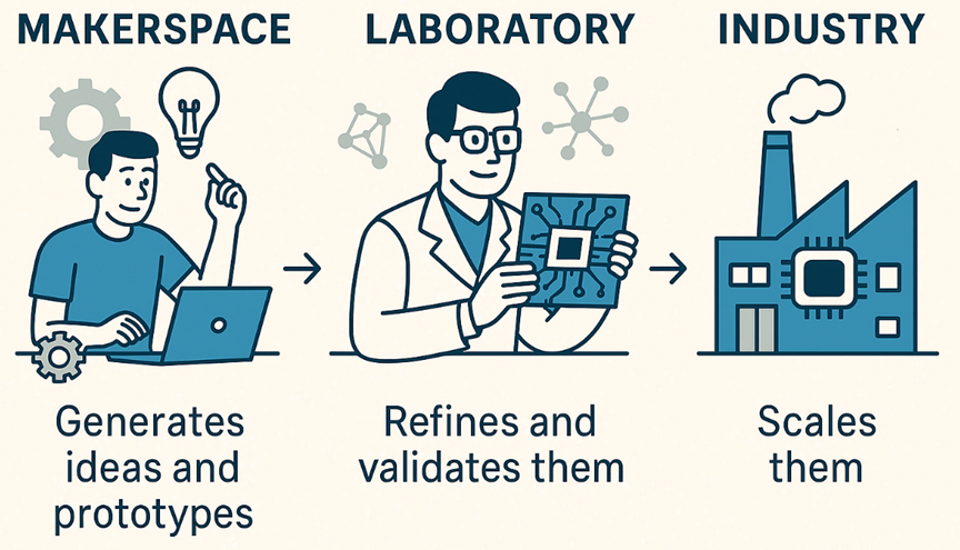 Illustration of the concept where makerspace generates ideas and prototypes, laboratory refines and validates them, and industry scales them.