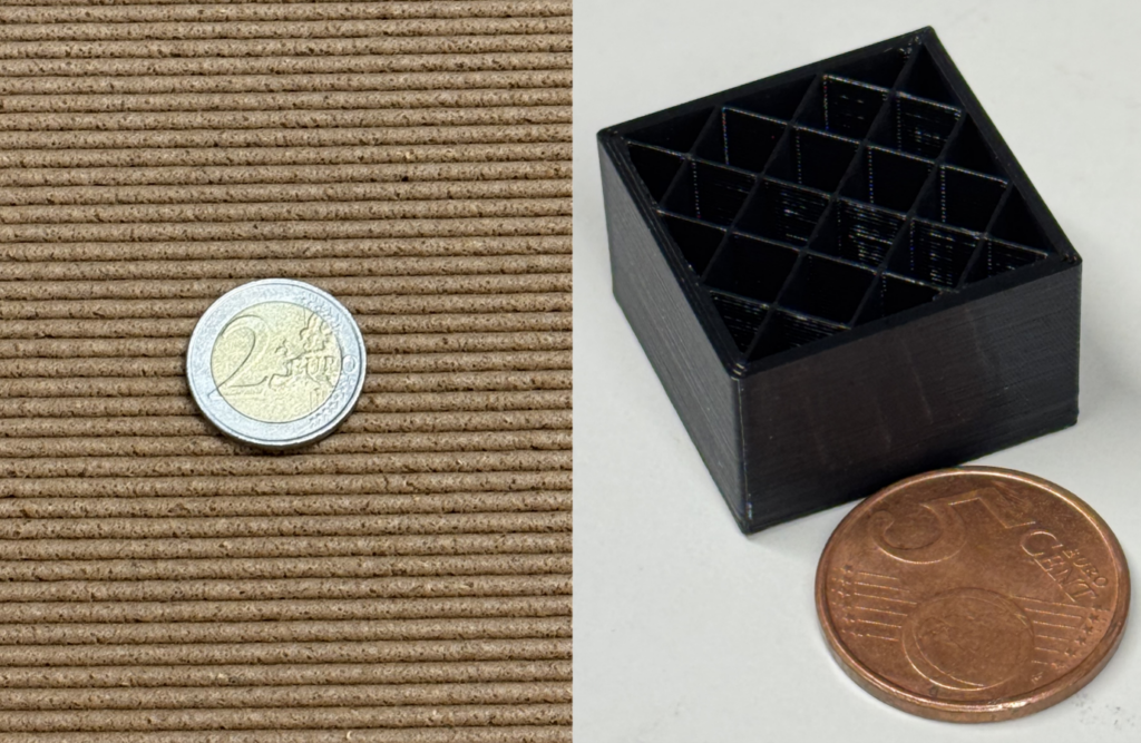 Kuva 2. Vasemmalla on esitetty lähikuva seinämästä, jossa kerrokset ovat selkeästi nähtävissä kerroskorkeuden ollessa noin 3 mm. Oikealla on esitetty perspektiivikuva neliskanttisesta kappaleesta, joka on tulostettu käyttäen 0,2 mm:n kerroskorkeutta, jolloin kerroksien rajapintaa on vaikea erottaa seinämissä.
