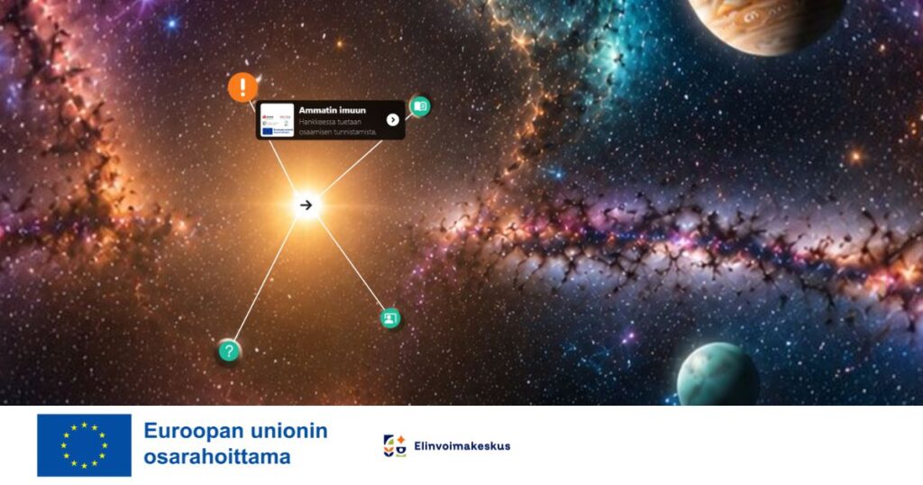 Avaruutta, jossa näkyy tähtiä ja planeettoja. Kuvan päällä on tekstilaatikko, jossa lukee Ammatin imuun, sekä navigointiviivoja ja ikoneita. Kuvan alareunassa on Euroopan unionin osarahoittama -logo ja Elinvoimakeskuksen logo.