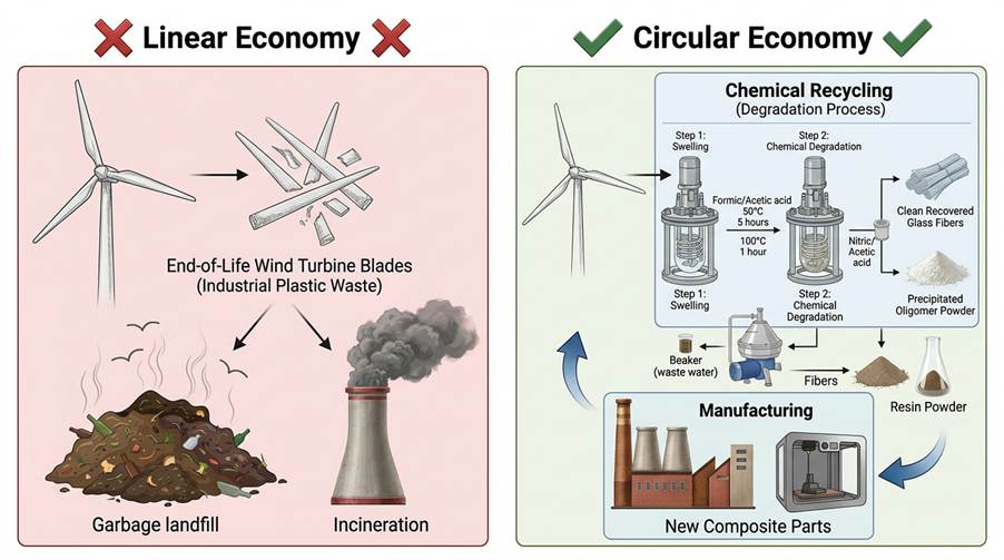 Figure 1. Linear vs. Circular Economy for Industrial Plastics. 

The figure exhibits the comparison between linear and circular economy; in linear economy the composites usually end up their lives in the landfills or are incinerated but in comparison lie the circular economy where chemical degradation processes are giving the composites a second life by reusing their resin and fiber content in a productive way. 