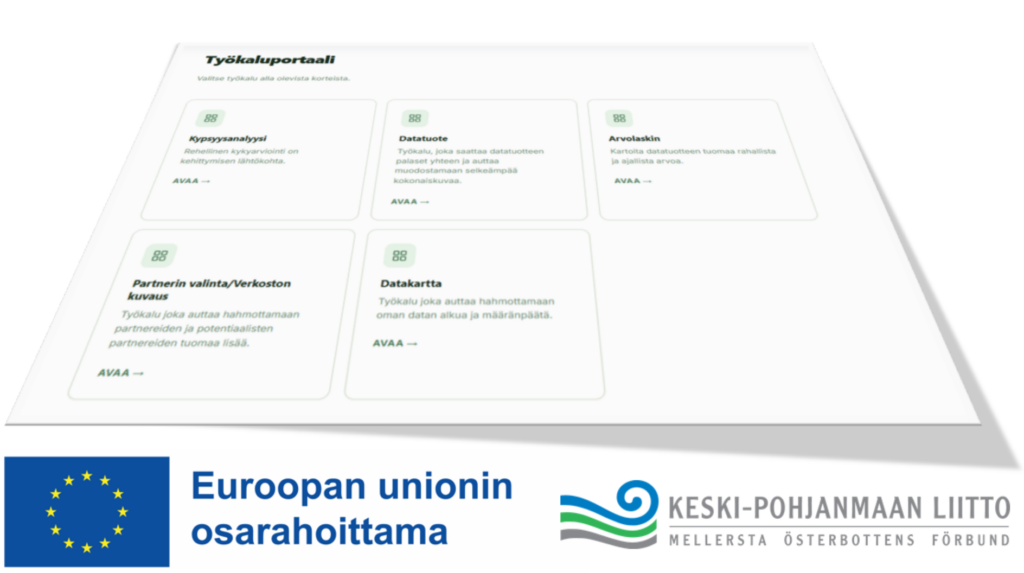 Kansikuvana artikkelille on kuva hankkeessa tuotetusta Datataloustyökaluportaalista.