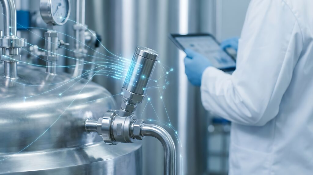 A person in a lab coat and blue gloves uses a tablet to monitor a large stainless steel industrial vat with digital network graphics flowing around it.