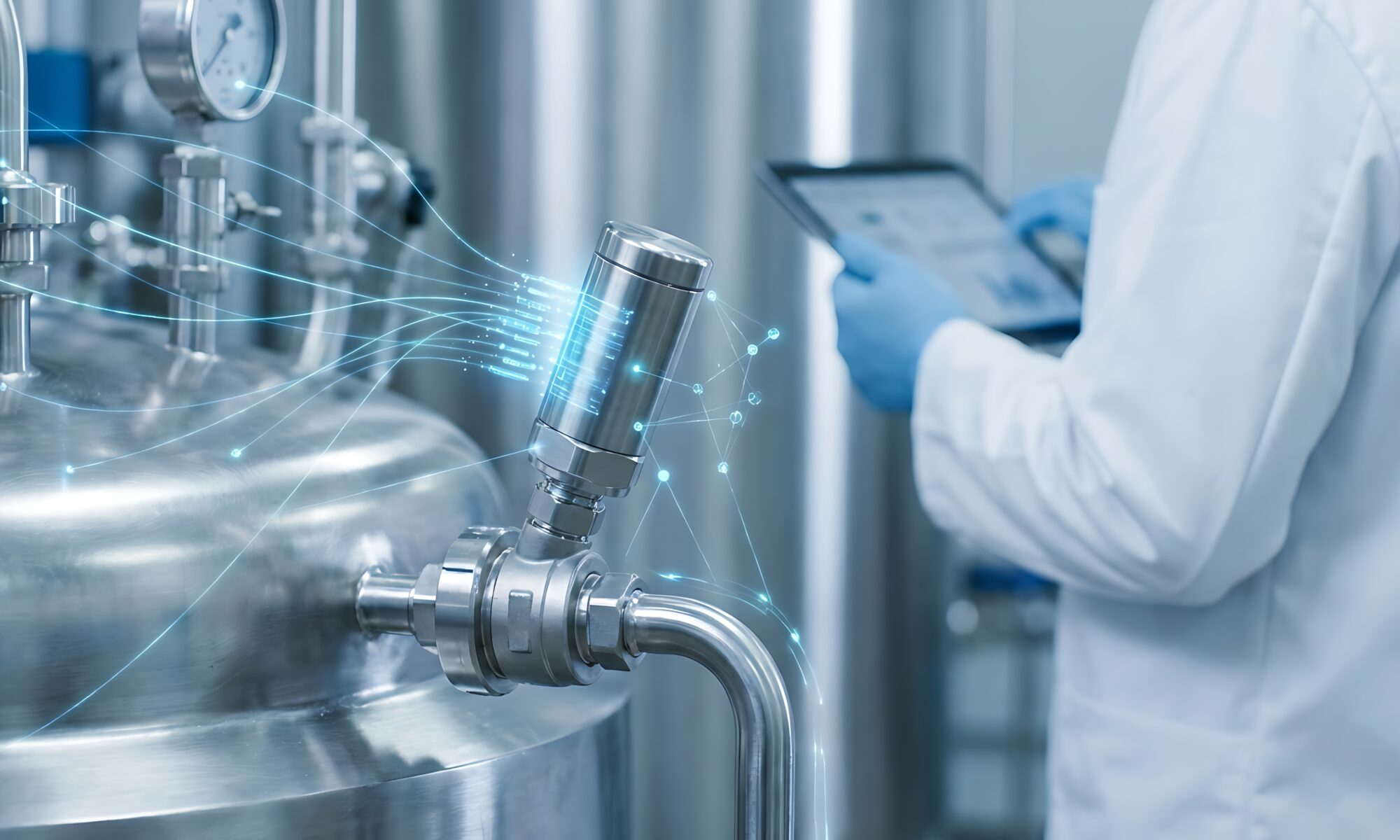A person in a lab coat and blue gloves uses a tablet to monitor a large stainless steel industrial vat with digital network graphics flowing around it.