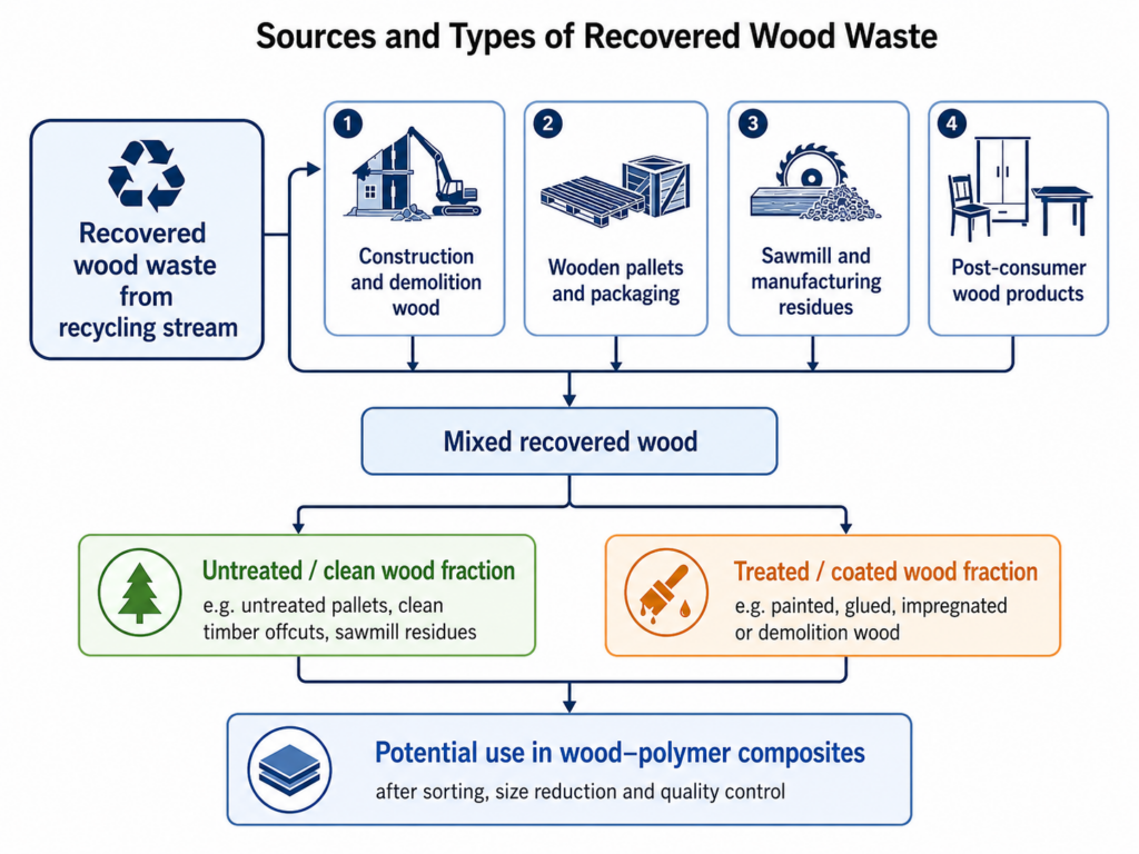 Flow diagram showing the main sources of recovered wood waste, including construction and demolition wood, wooden pallets and packaging, sawmill and manufacturing residues, and post-consumer wood products. The mixed recovered wood is divided into untreated or clean wood and treated or coated wood, both of which may be used in wood–polymer composites after sorting, size reduction and quality control. 