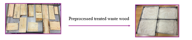 Photographs showing the preprocessing of recovered wood waste into fine wood flour. The wood is reduced in size through grinding and sieving until a particle size of approximately 0.5 millimetres is obtained for compounding. 