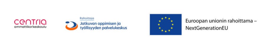 Kuvassa Centria-ammattikorkeakoulun logo, Jatkuvan oppimisen ja työllisyyden palvelukeskuksen logo ja Euroopan unionin osarahoittama logo.