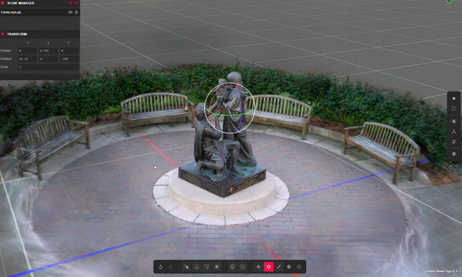 3D modeling interface showing a statue model with editing and positioning controls.