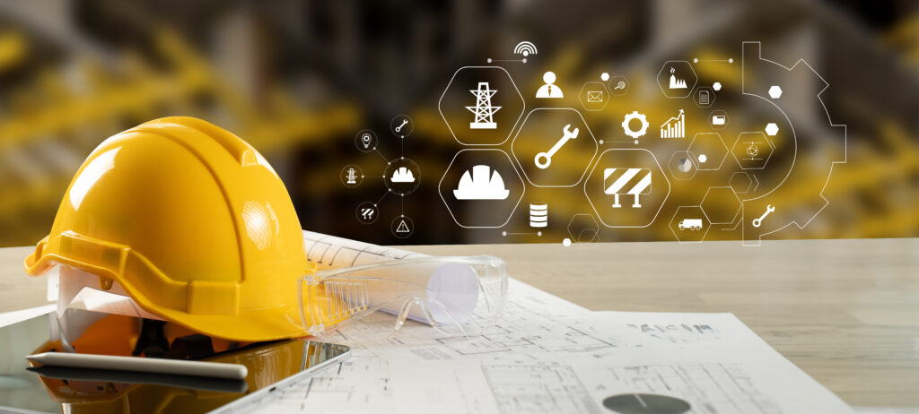 Engineer architect industry 4.0 using tablet construction site, industrial and innovation infographic at building futuristic architect control innovation safety design