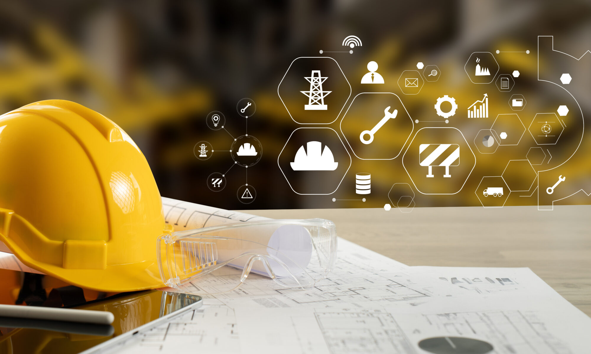 Engineer architect industry 4.0 using tablet construction site, industrial and innovation infographic at building futuristic architect control innovation safety design