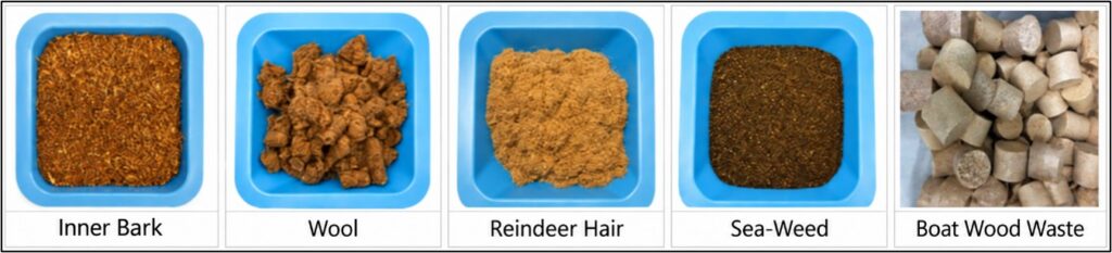 Five samples of underutilized natural materials are shown side by side in their raw form: inner bark, wool, reindeer hair, seaweed and boat-industry wood waste. 