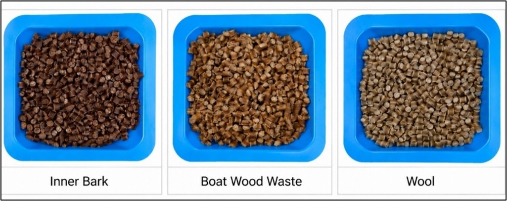 Polymer composite pellets produced by compounding natural fibres with a thermoplastic polymer. The pellet samples are labelled according to the fibre material used in each composite formulation. 